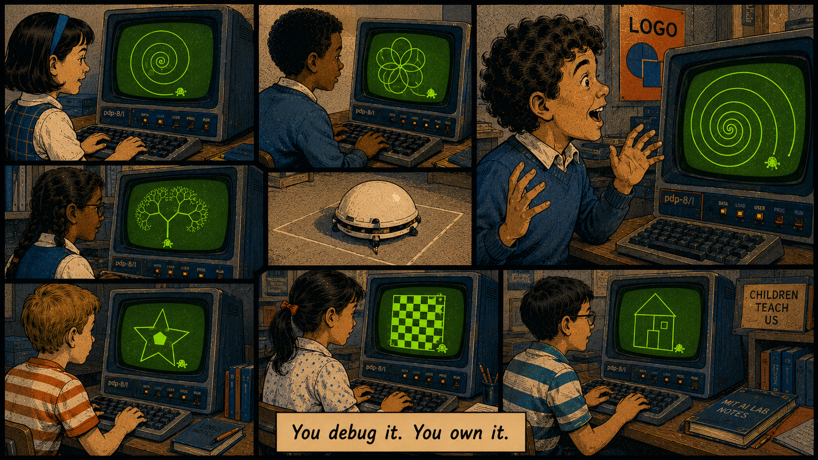 Panel 7 — A wide montage of screens showing various Logo-drawn geometric figures: a spiral, a flower, a snowflake-like recursion, a star; children's hands visible at keyboards; one child stands up from their chair in involuntary delight at a completed figure