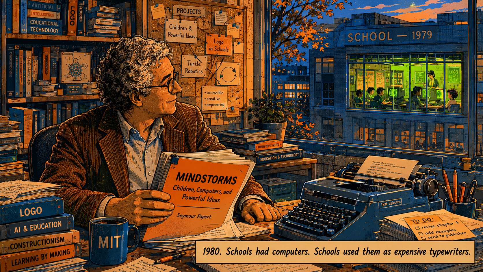 Panel 8 — Papert at a desk in a cluttered MIT office, the manuscript of Mindstorms stacked beside a typewriter; through the window, a school building where a single classroom is lit and children are visible at terminals; the contrast between the two buildings is deliberate