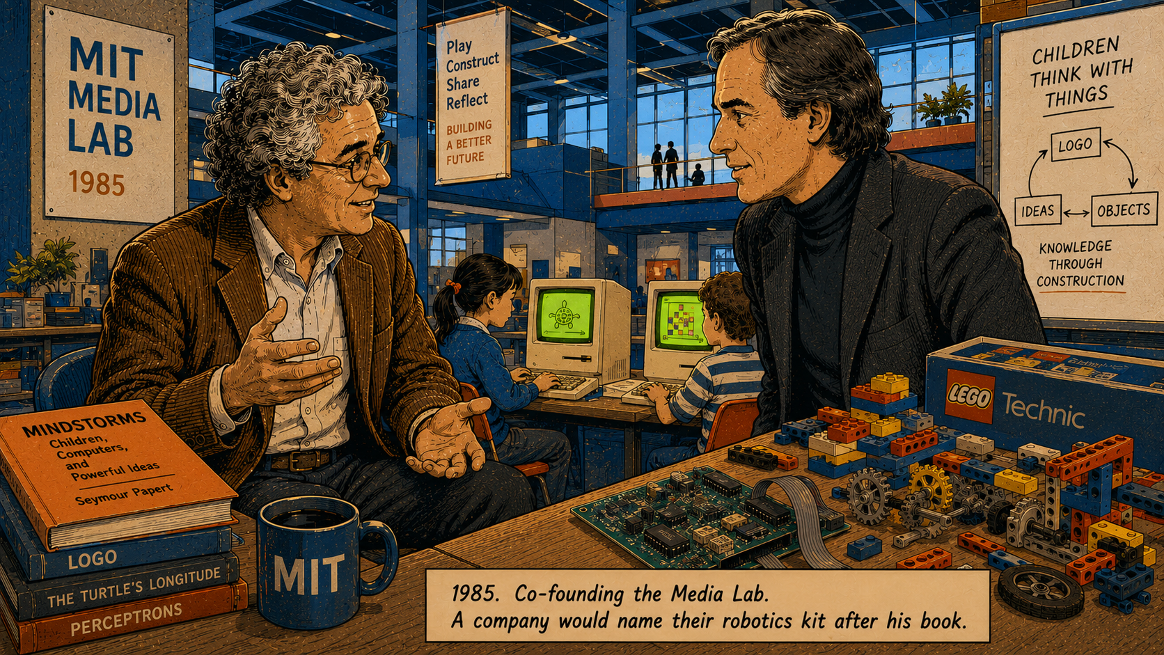 Panel 9 — The dramatic interior of the new MIT Media Lab building under construction or just opened; Papert and Nicholas Negroponte facing each other in conversation in the foreground; behind them, children working at colorful early personal computers; on a table, an early LEGO Technic set and a circuit board side by side