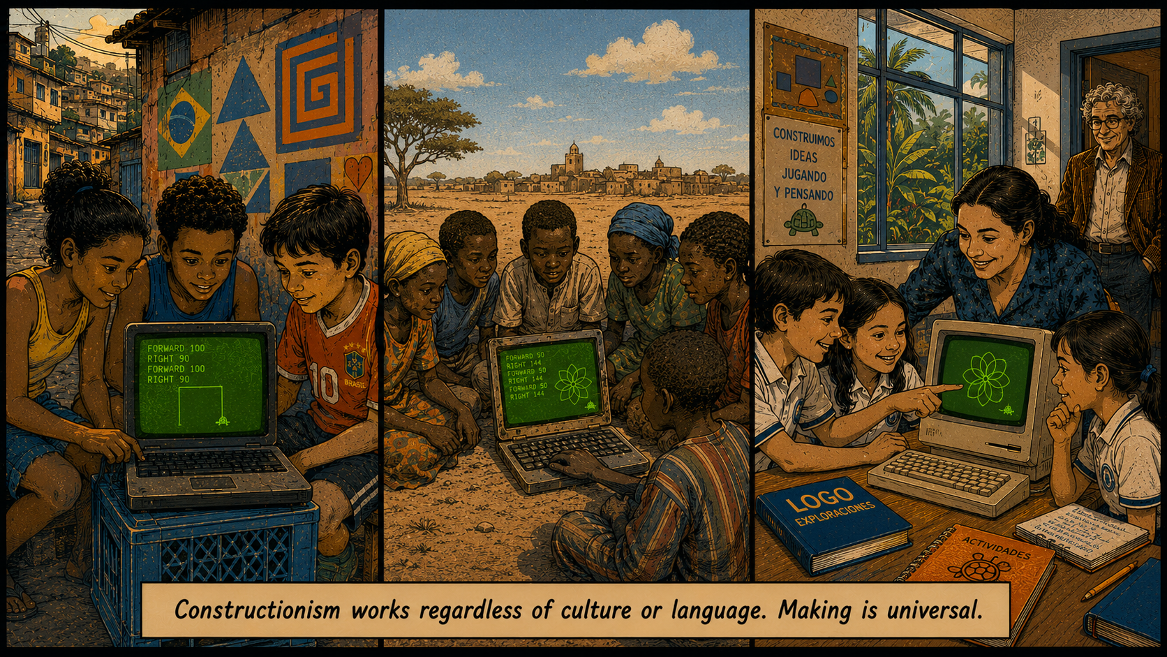 Panel 10 — A three-part horizontal triptych: left panel shows children in a Brazilian favela around a laptop; center shows a village in Senegal, children on the ground around a shared screen under an open sky; right shows a Costa Rican classroom, children and a teacher collaborating on a screen showing a turtle drawing