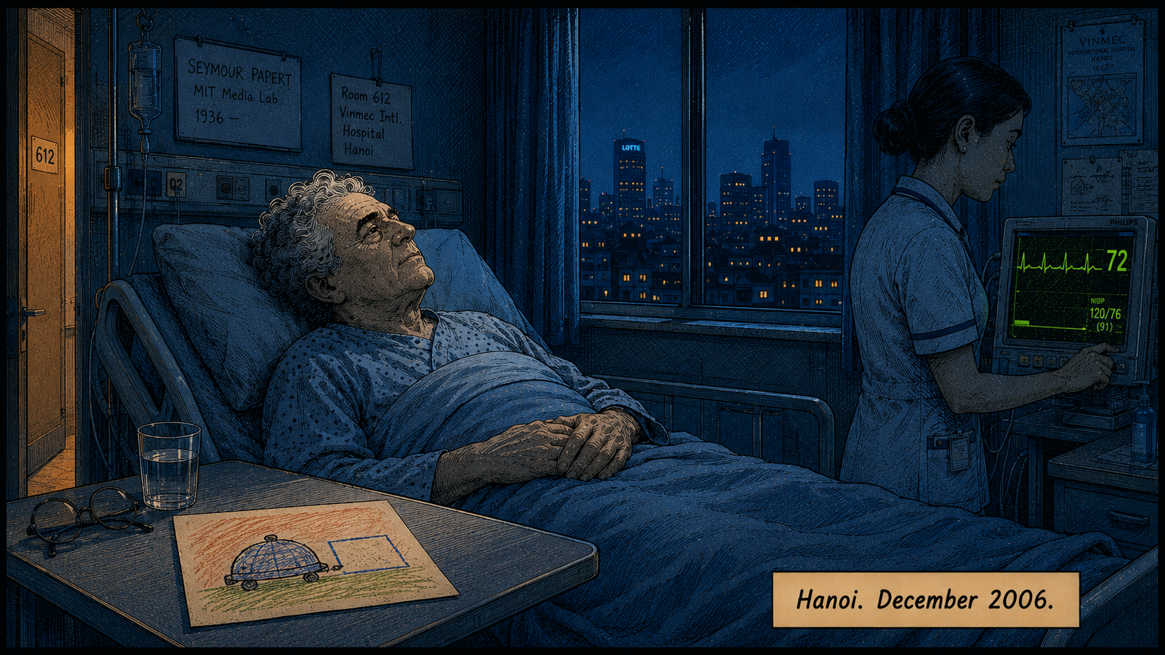 Panel 11 — A quiet hospital room in Hanoi; Papert lies in a hospital bed, eyes open but distant; on the bedside table, a child's drawing of a turtle robot; through the window, the lights of Hanoi at night; a single nurse checks a monitor; the atmosphere is still and heavy