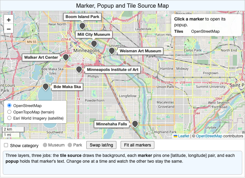 Marker, Popup and Tile Source Map