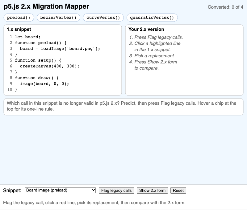 p5.js 2.x Migration Mapper