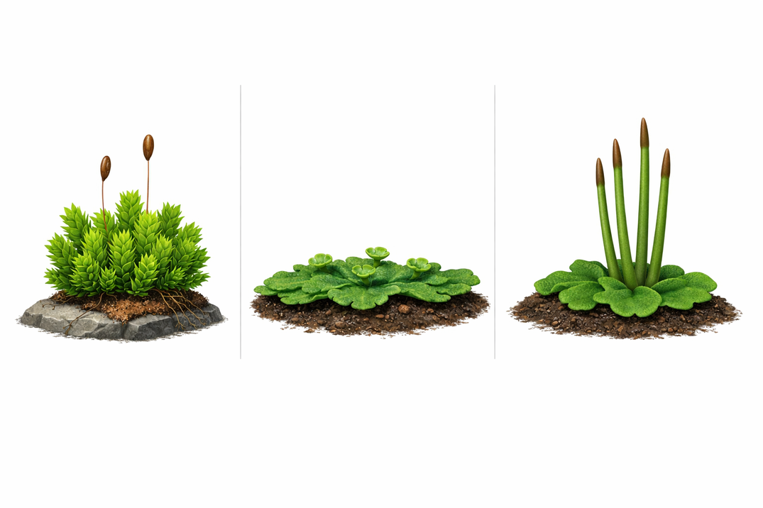 Side-by-side comparison of the three bryophyte groups: mosses, liverworts, and hornworts showing their key structures