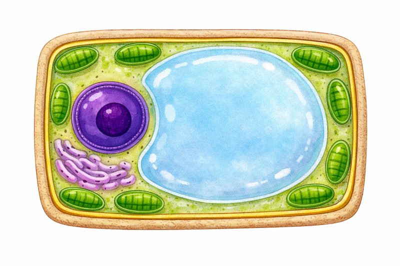 Cross-section of a moss leaf cell showing cell wall, membrane, vacuole, nucleus, chloroplasts, cytoplasm, and endoplasmic reticulum