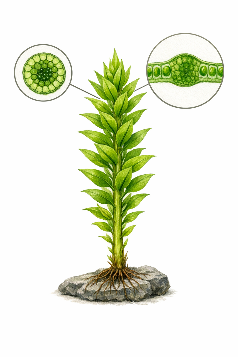Side profile of a moss gametophyte showing rhizoids, stem, leaves, costa, and cross-section insets
