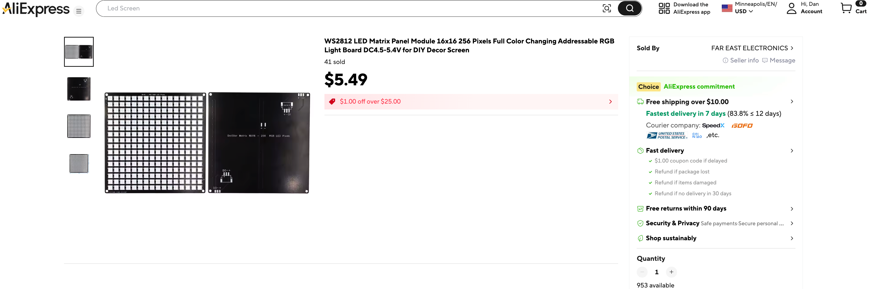 An AliExpress listing from FAR EAST ELECTRONICS for a WS2812 16x16 LED matrix panel with 256 pixels, priced at $5.49