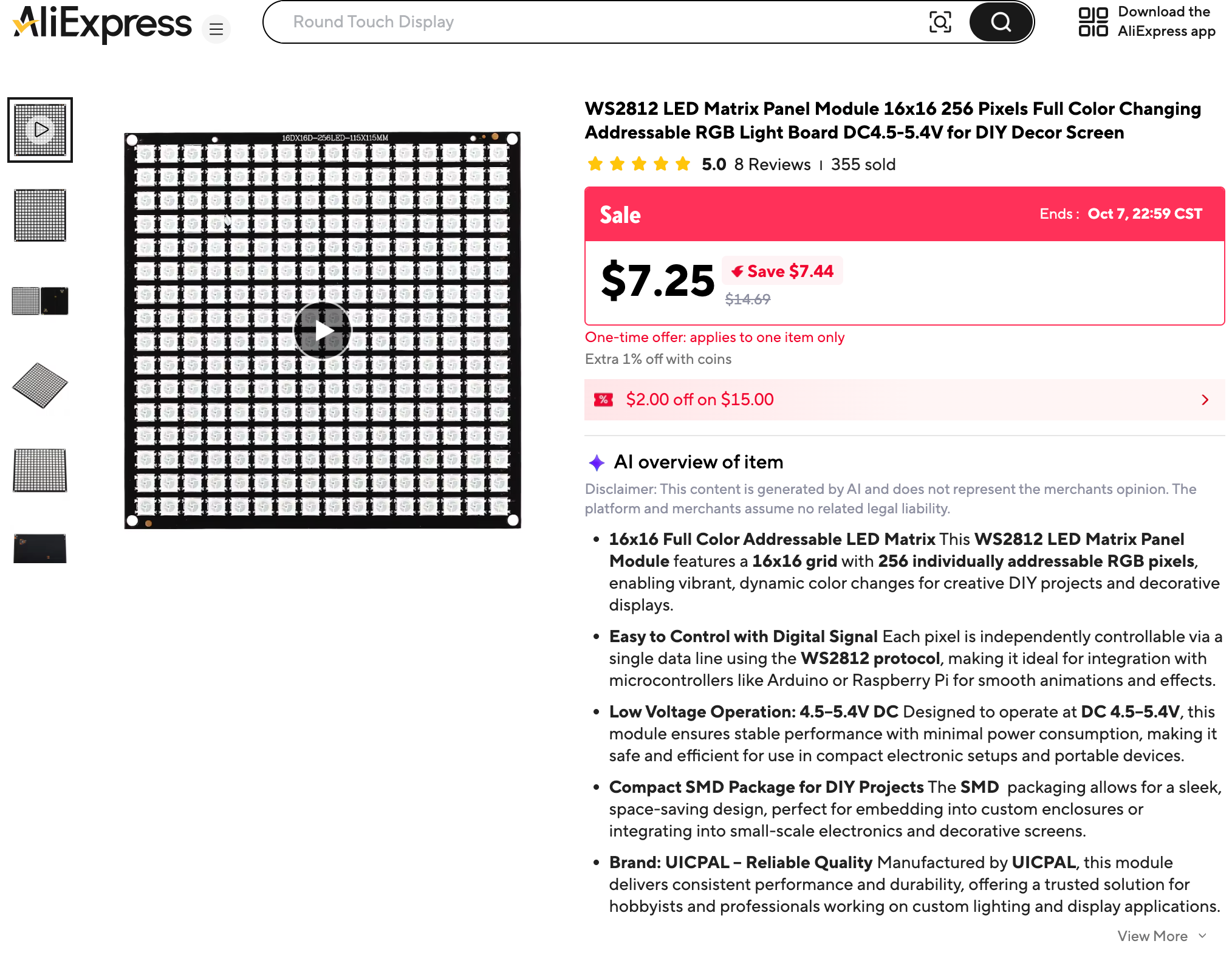 An AliExpress listing for a WS2812 LED matrix panel module with 16 rows and 16 columns of pixels, 256 in all, priced at $7.25 on sale from $14.69, with 355 sold and 5.0 stars from 8 reviews