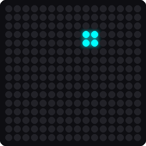 A simulated 16x16 LED matrix with one small 2 by 2 square of blue-green pixels near the upper right