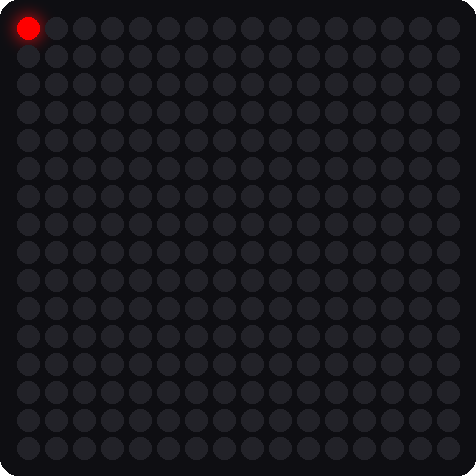 A simulated 16x16 LED matrix with one red pixel lit in the upper-left corner
