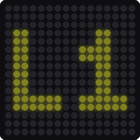 A simulated 16x16 LED matrix showing the letters L and 1 in yellow-white pixels