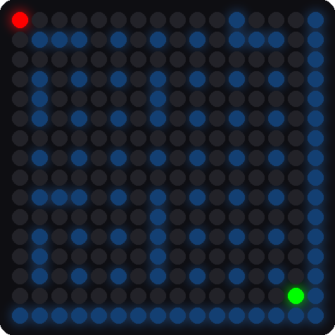 A simulated maze on a 16x16 LED matrix. Light blue walls, a red ball in the upper-left corner, and a green hole in the lower-right corner.