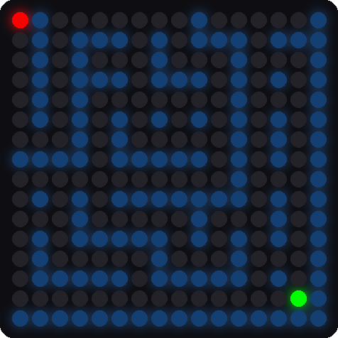 A simulated maze for level 5 on a 16x16 LED matrix, with light blue walls, a red ball in the upper-left corner, and a green hole in the lower-right corner
