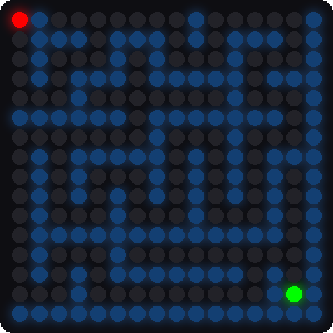 A simulated maze for level 9 on a 16x16 LED matrix, with long winding light blue walls and only one route from the red ball to the green hole