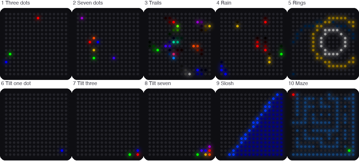 A simulated 16x16 LED matrix showing ten small pictures, one for each mode of the kit: bouncing dots, rain, rings, rolling dots, sloshing water, and a maze