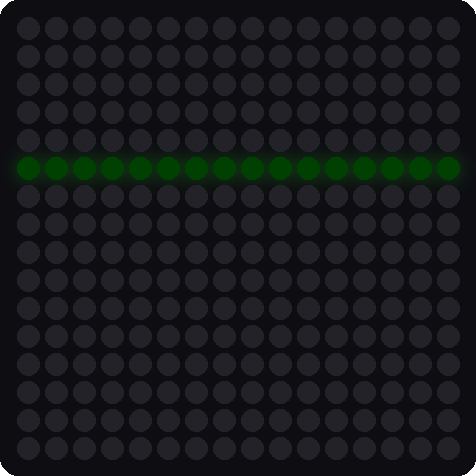 A simulated 16x16 LED matrix with one horizontal row of green pixels lit