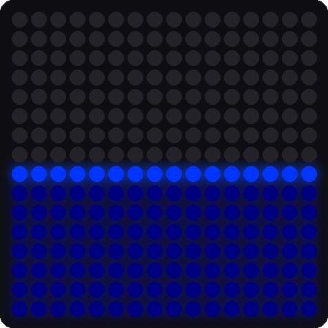 A simulated 16x16 LED matrix filled with blue water in the bottom half, with a flat brighter line at the top of the water