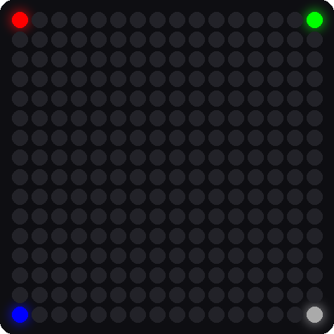 A simulated 16x16 LED matrix with a red pixel in the upper-left corner, a green pixel in the upper-right corner, a blue pixel in the lower-left corner, and a white pixel in the lower-right corner