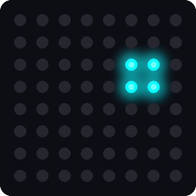 A simulated 8x8 LED matrix with one 2 by 2 square of blue-green pixels near the upper right