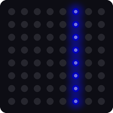 A simulated 8x8 LED matrix with one vertical column of blue pixels lit