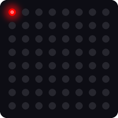 A simulated 8x8 LED matrix with one red pixel lit in the upper-left corner