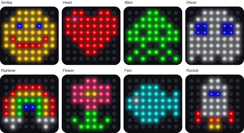 Eight small simulated 8x8 LED matrices, each showing one picture: a yellow smiley, a red heart, a green alien, a white ghost with blue eyes, a rainbow with white clouds, a pink flower, a blue-green fish, and a white rocket with red fins