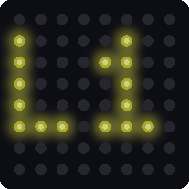 A simulated 8x8 LED matrix showing the letter L and the number 1 in yellow-white pixels