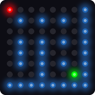 A simulated maze on an 8x8 LED matrix. Light blue walls, a red ball in the upper-left corner, and a green hole near the lower-right corner.