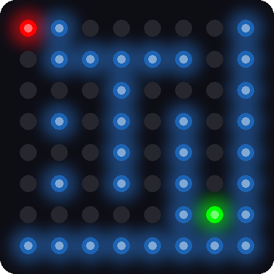 A simulated maze for level 5 on an 8x8 LED matrix, with light blue walls, a red ball in the upper-left corner, and a green hole near the lower-right corner