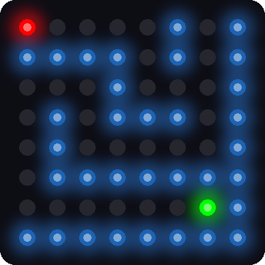 A simulated maze for level 9 on an 8x8 LED matrix, with long winding light blue walls and only one route from the red ball to the green hole