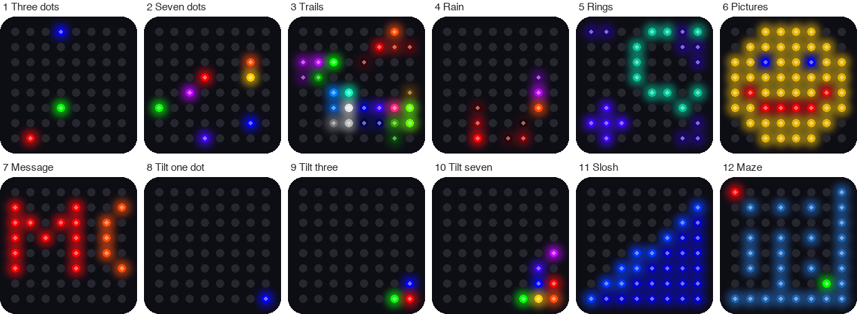Twelve small simulated 8x8 LED matrices, one for each mode of the kit: bouncing dots, rain, rings, a smiley picture, a scrolling message, rolling dots, sloshing water, and a maze