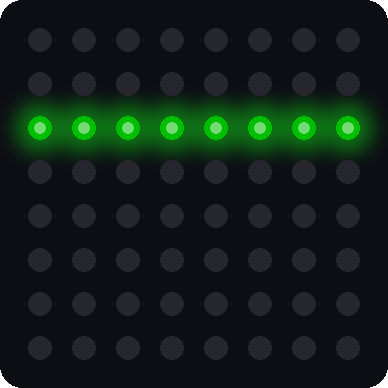 A simulated 8x8 LED matrix with one horizontal row of green pixels lit
