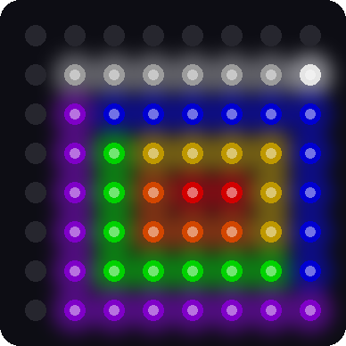A simulated 8x8 LED matrix showing a square spiral drawn in one line. The line starts red in the middle and changes to orange, yellow, green, blue, violet, and white as it winds outward. One bright pixel at the end of the line is the pen.