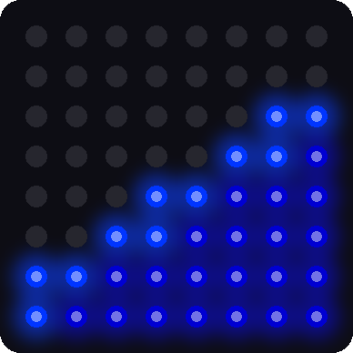 A simulated 8x8 LED matrix with the water surface tilted along a diagonal line, with blue pixels filling the lower right