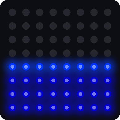 A simulated 8x8 LED matrix filled with blue water in the bottom half, with a flat brighter line at the top of the water