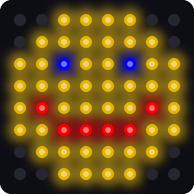 A simulated 8x8 LED matrix showing a round yellow smiley face with two blue eyes and a curved red smile