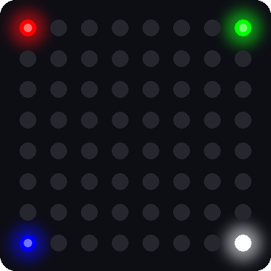 A simulated 8x8 LED matrix with a red pixel in the upper-left corner, a green pixel in the upper-right corner, a blue pixel in the lower-left corner, and a white pixel in the lower-right corner