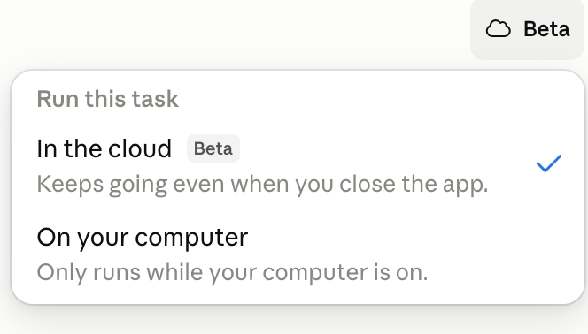 The cloud continuation menu: run in the cloud or on your computer