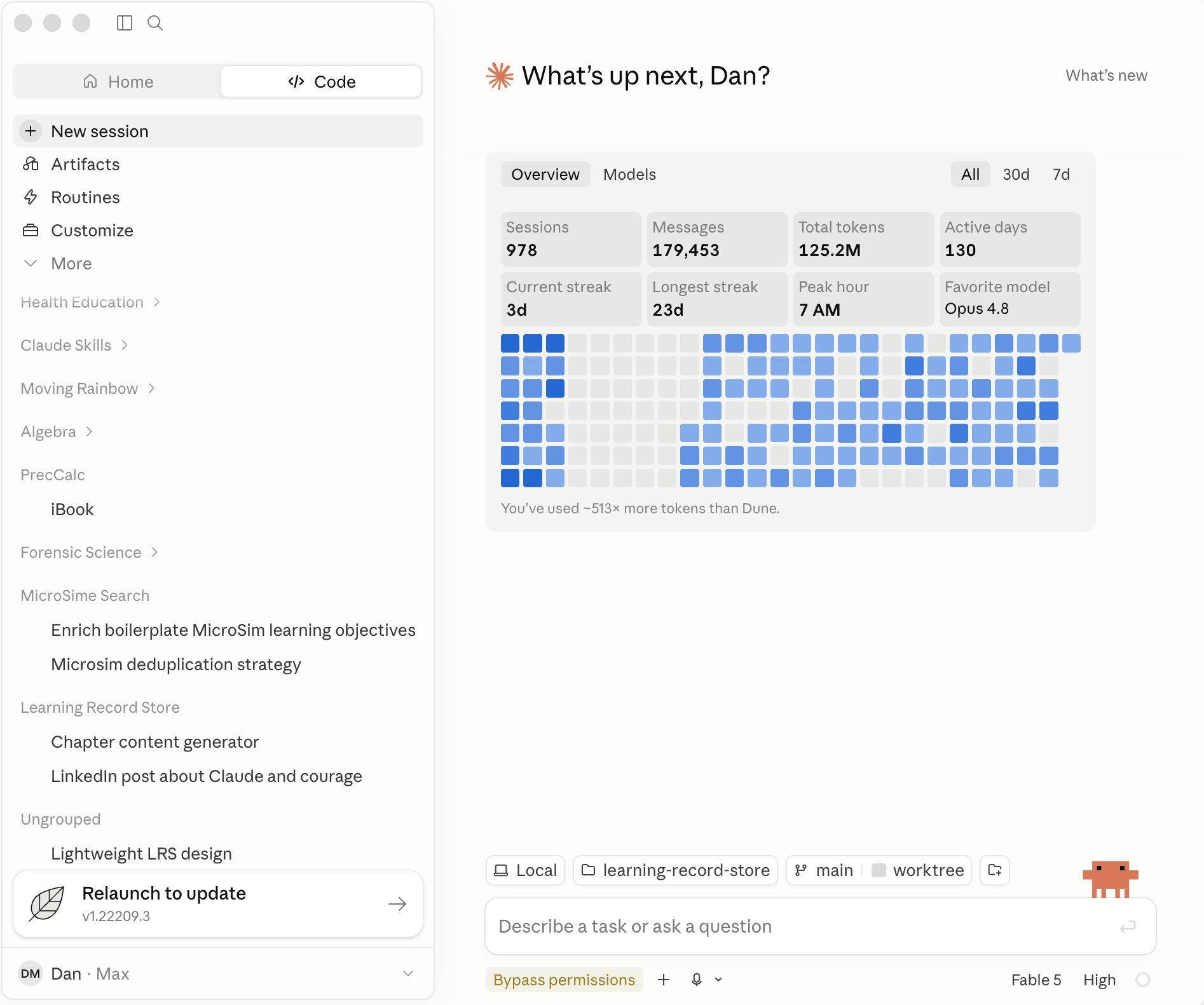 The Claude Code dashboard with usage statistics