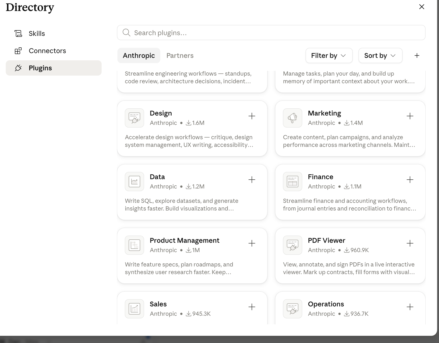 The Plugins directory with installable capability bundles