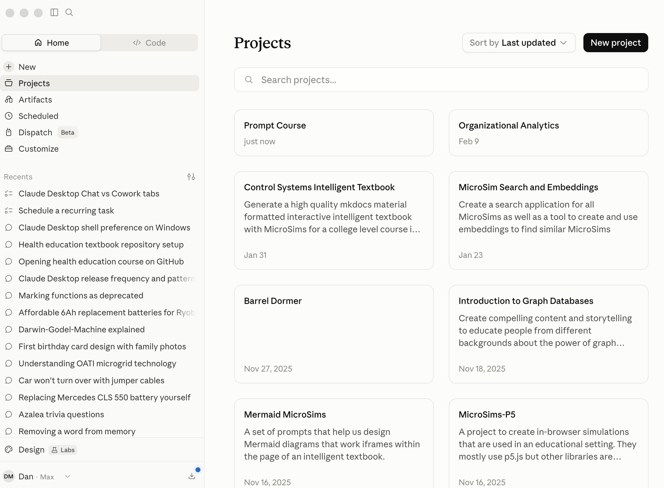 The Projects screen showing several project cards