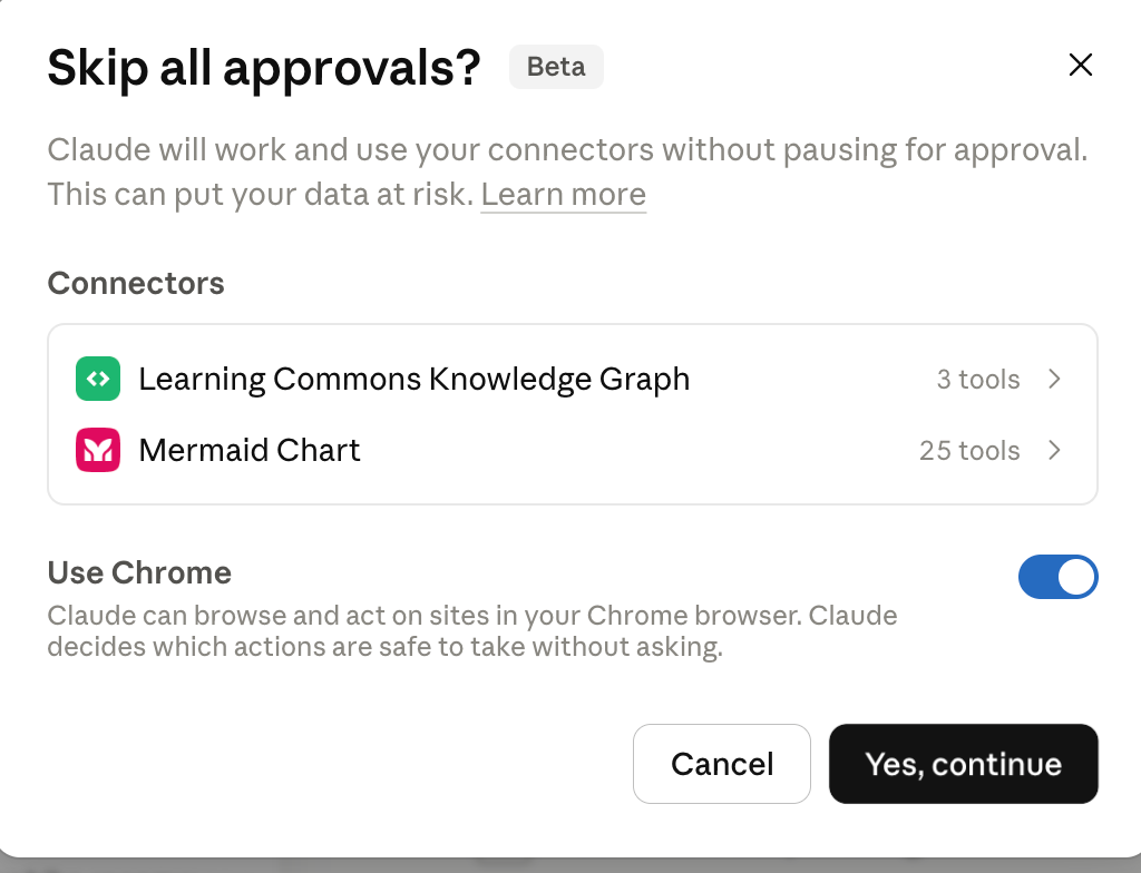 The 'Skip all approvals?' dialog with a Use Chrome toggle
