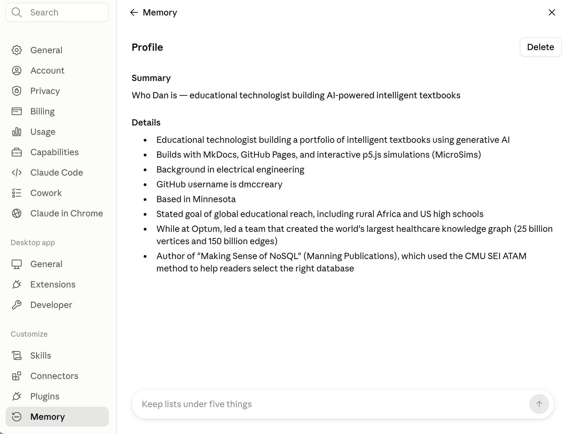 A user Profile inside Memory settings