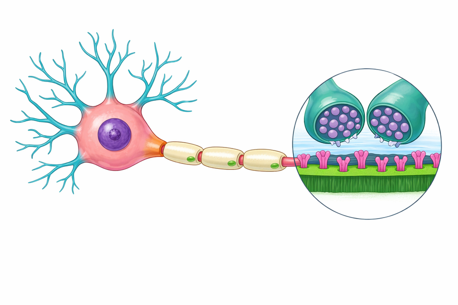 Multipolar neuron showing soma, dendrites, myelinated axon, nodes of Ranvier, and synaptic terminals