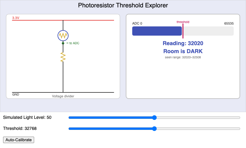 Photoresistor Voltage Divider and Threshold Explorer