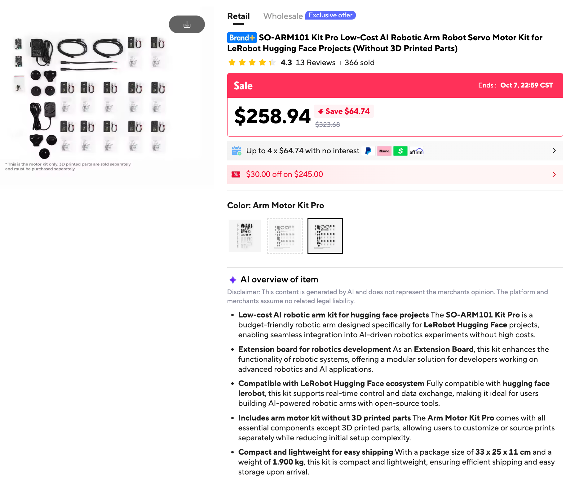 SO-ARM101 Kit Pro listing on AliExpress