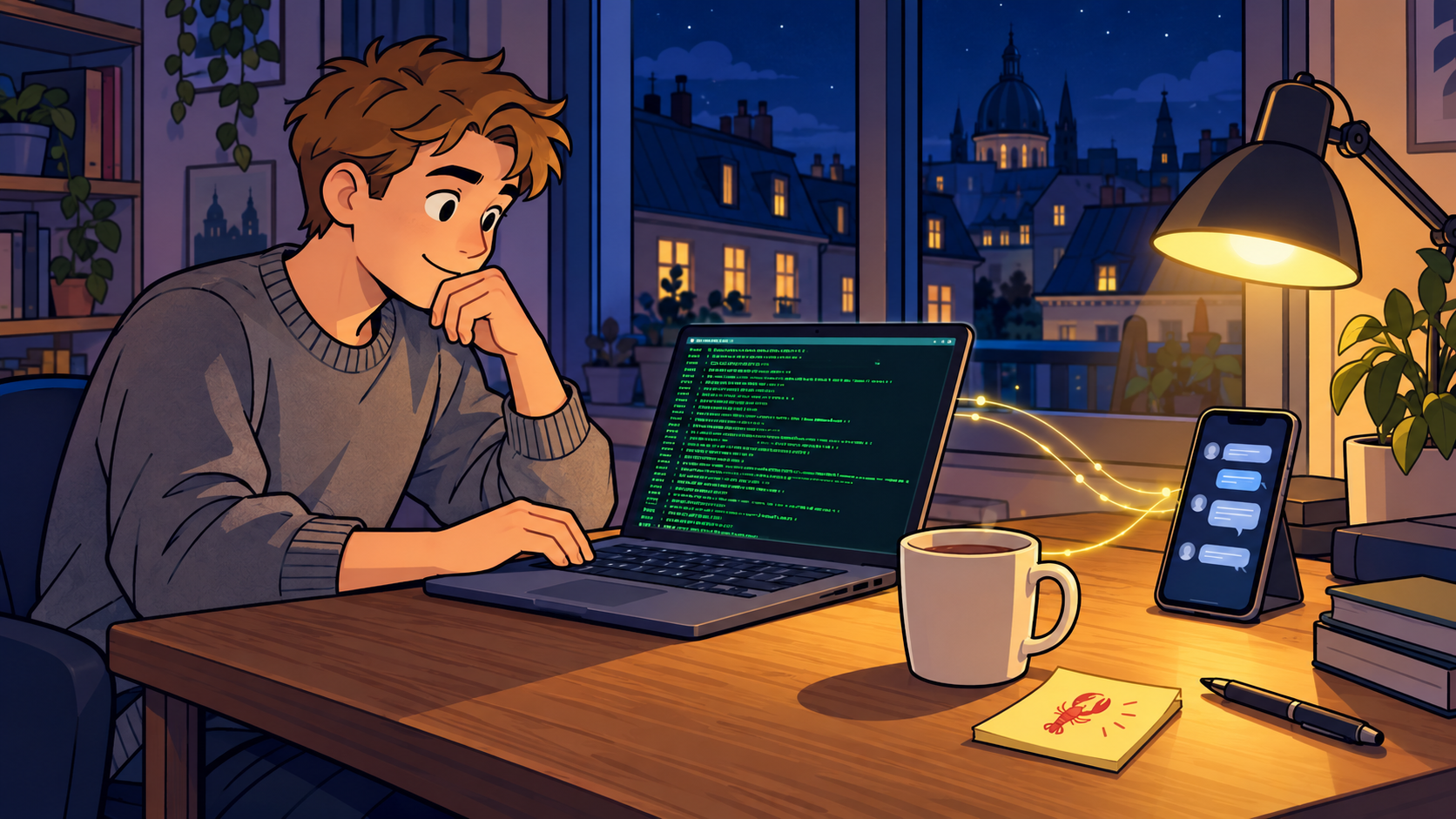 A developer connects a laptop assistant to a chat app late at night