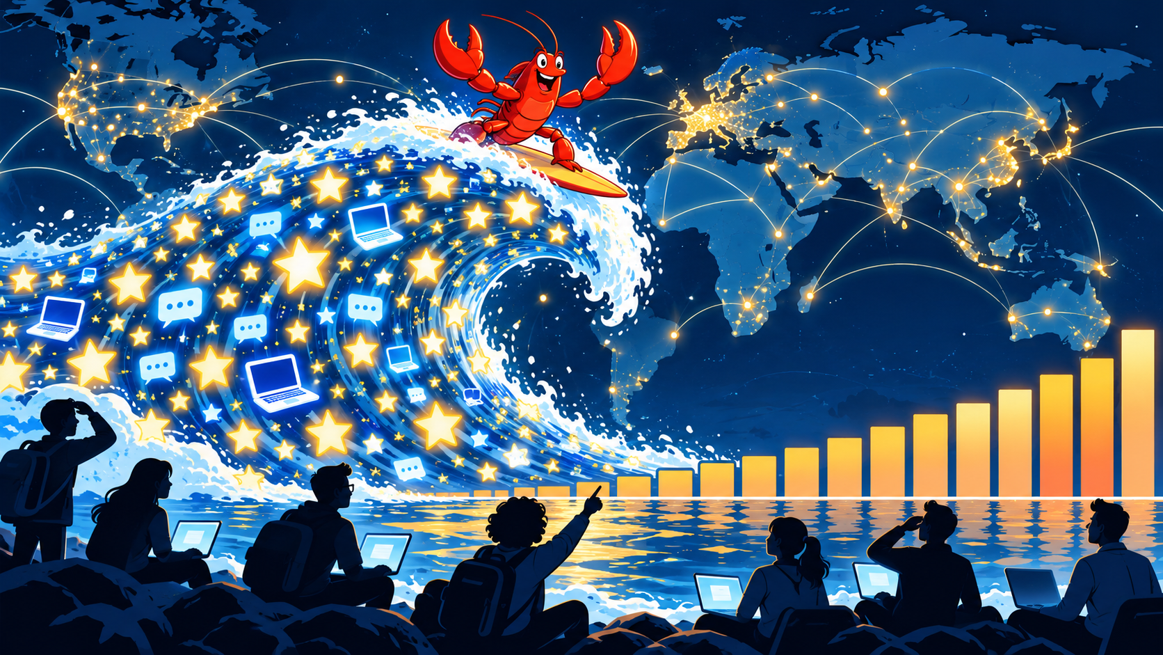A red lobster surfs a wave of stars, laptops, and chat bubbles across the world