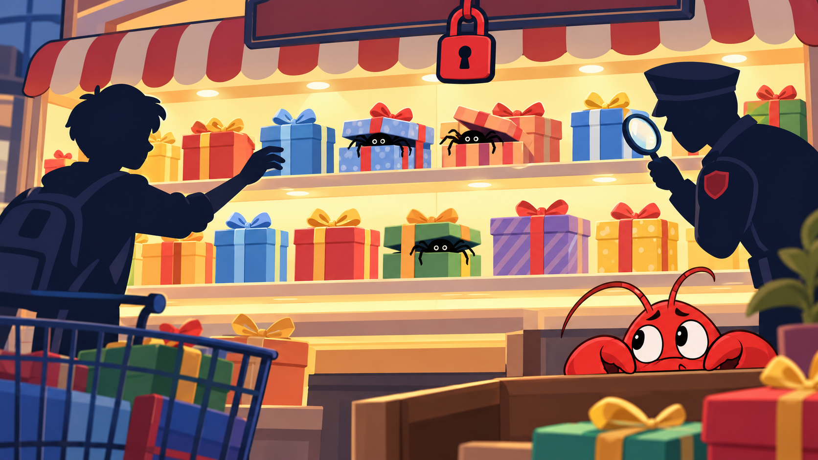 Suspicious spiders emerge from gift boxes in a digital skill marketplace