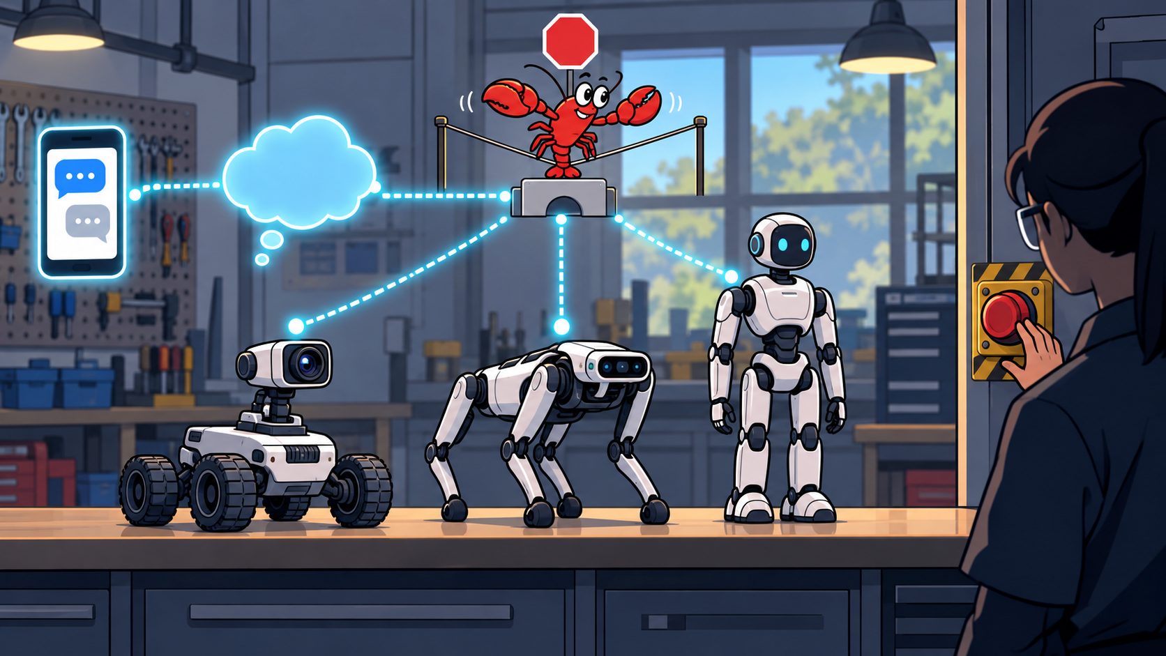 A guarded bridge connects a chat app to a rover, robot dog, and humanoid